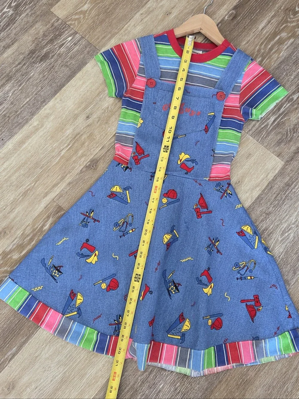Chucky Good Guys Girls Costume Sz Lg Velcro Suspenders Stripes Cosplay Overalls